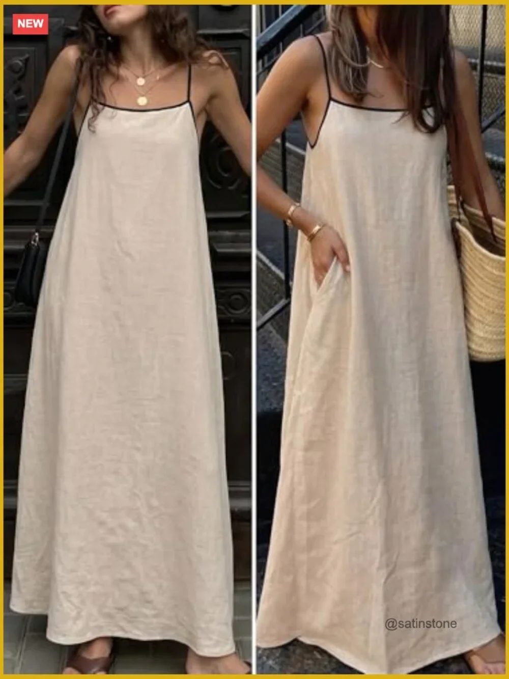 Linen Blend Maxi Dress with Pockets - Backless Spaghetti Strap - Picture 5 of 6